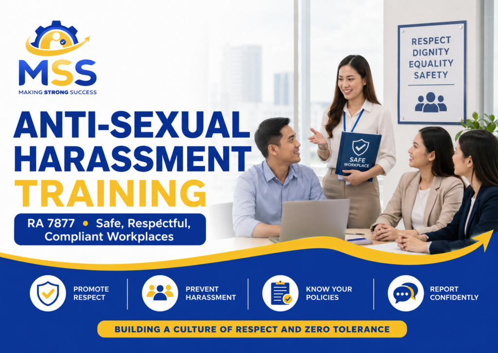 Anti-Sexual Harassment Training in the Philippines featuring RA 7877 workplace awareness, professional respect, prevention, policy education, and confidential reporting