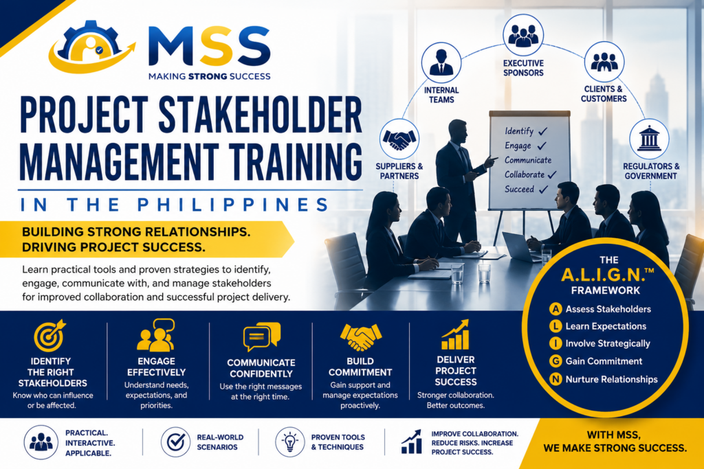 Project Stakeholder Management Training in the Philippines by Making Strong Success (MSS) Corporation featuring stakeholder identification, stakeholder engagement, stakeholder communication, stakeholder relationship management, project collaboration, and the A.L.I.G.N.™ Framework for successful project delivery.