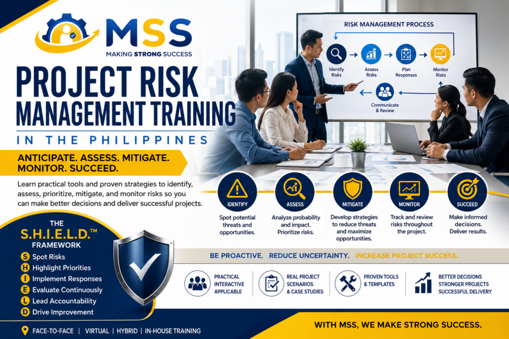 Project Risk Management Training in the Philippines by Making Strong Success (MSS) Corporation featuring risk identification, risk assessment, risk mitigation, risk monitoring, contingency planning, and the S.H.I.E.L.D.™ Framework for successful project delivery.