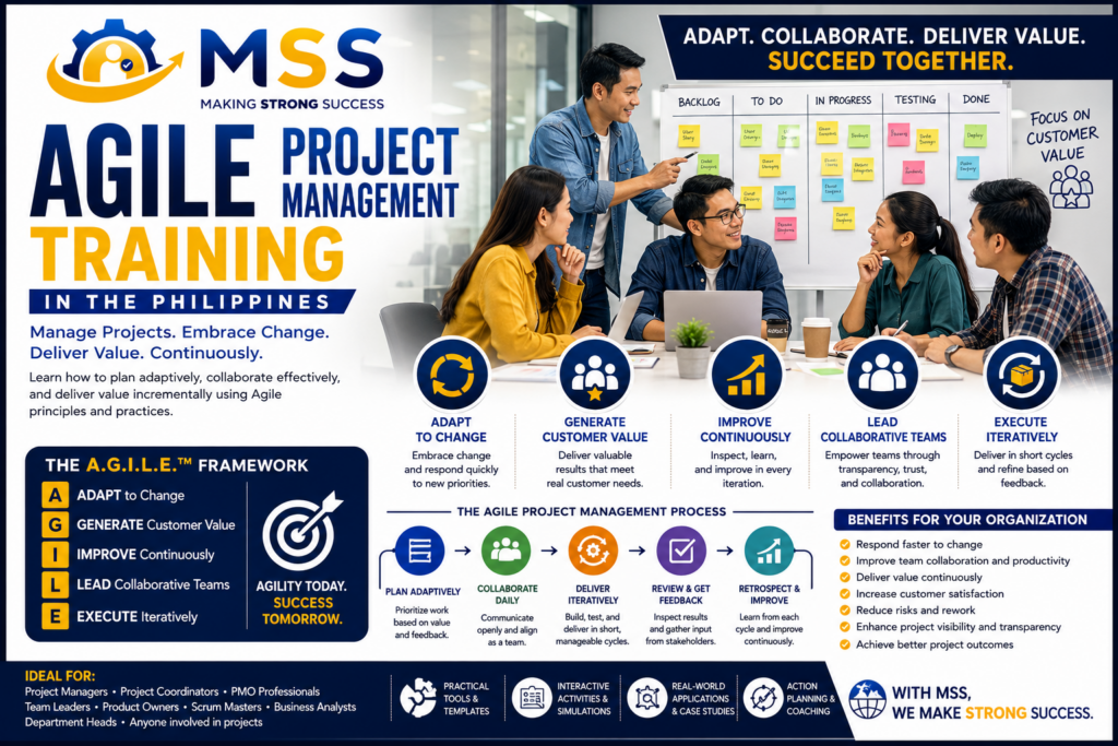 Agile Project Management Training in the Philippines by Making Strong Success (MSS) Corporation featuring Agile principles, sprint planning, product backlog management, stakeholder collaboration, iterative project delivery, continuous improvement, and the A.G.I.L.E.™ Framework for adaptive project success.