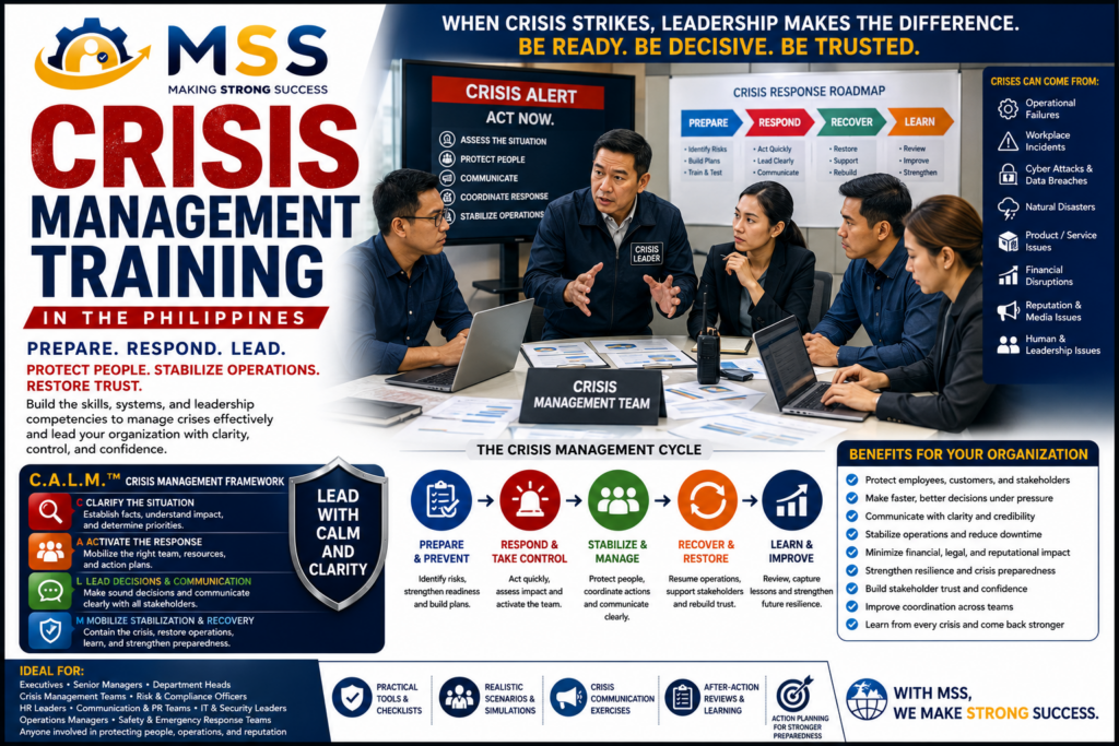 Crisis Management Training in the Philippines by Making Strong Success (MSS) Corporation featuring crisis leadership, crisis response, crisis communication, emergency decision-making, organizational resilience, stakeholder coordination, and the C.A.L.M.™ Crisis Management Framework.