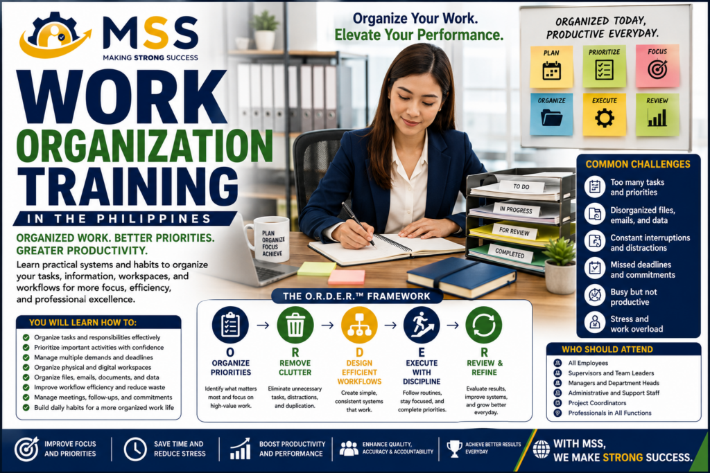 Work Organization Training in the Philippines by MSS Corporation featuring task prioritization, workflow organization, digital and physical workspace management, productivity improvement, and the O.R.D.E.R.™ Framework.
