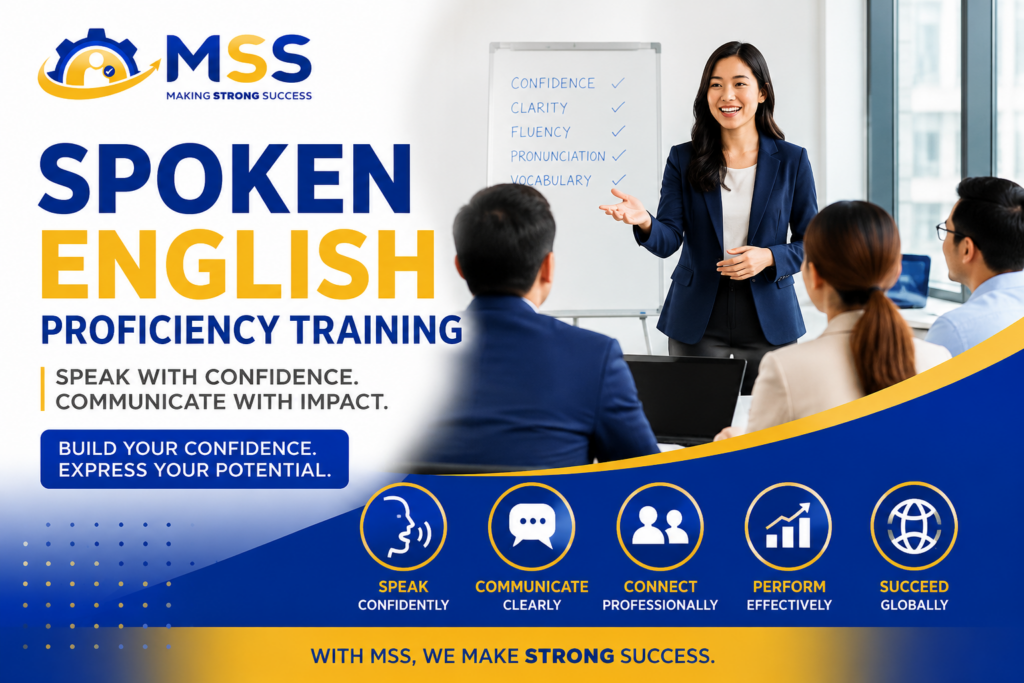 Spoken English Proficiency Training in the Philippines by MSS Corporation featuring a corporate trainer helping professionals improve spoken English, workplace communication, pronunciation, fluency, confidence, and business speaking skills.