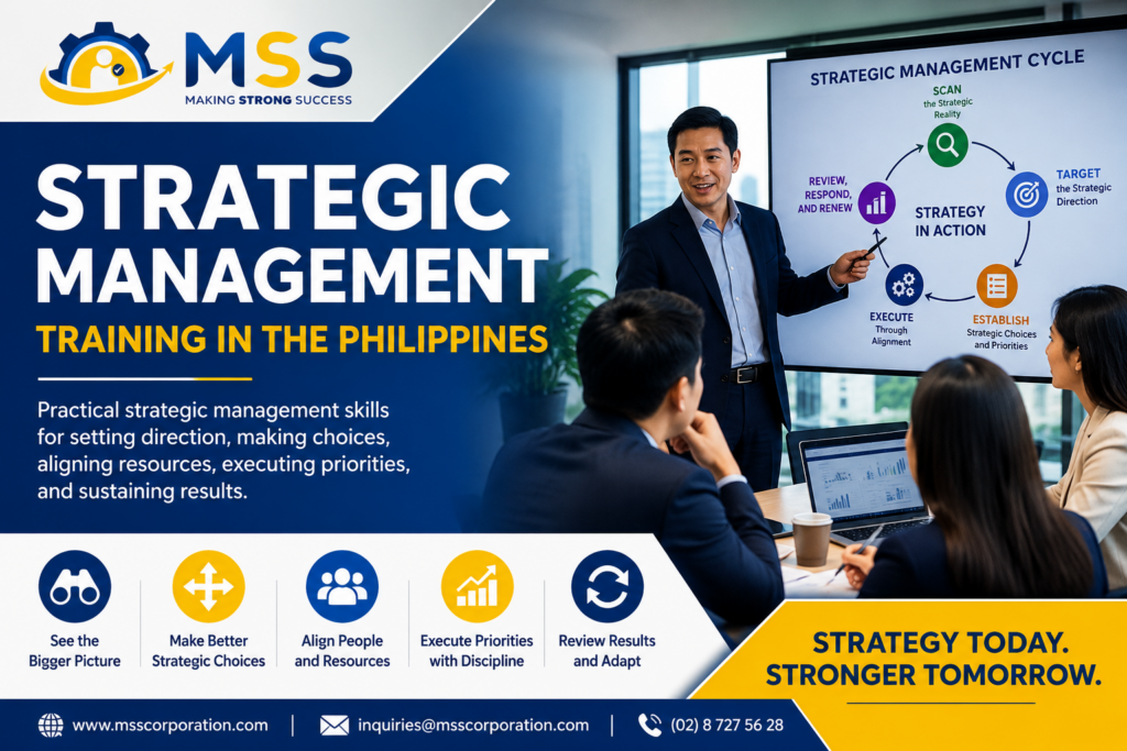 Strategic Management Training in the Philippines featuring a Filipino facilitator teaching managers how to set direction, align resources, execute priorities, and review results