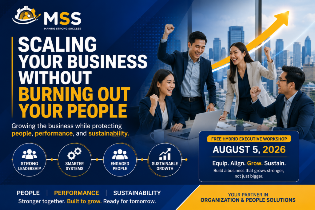 Business leaders scaling their organization through strong leadership, efficient systems, engaged employees, and sustainable business growth without employee burnout with MSS Corporation organization and people solutions