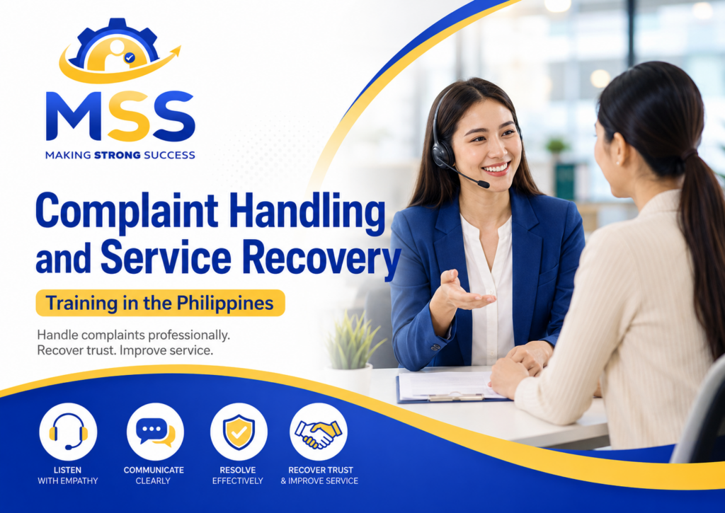 Complaint Handling and Service Recovery Training in the Philippines featuring a customer service professional listening with empathy, resolving concerns, and rebuilding customer trust