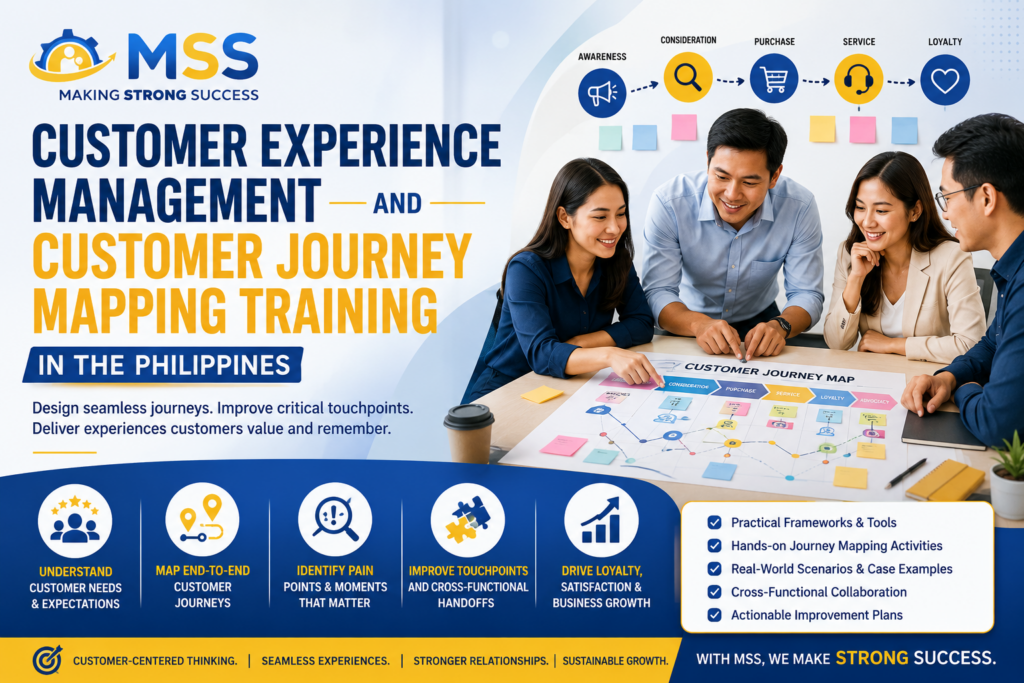 Customer Experience Management and Customer Journey Mapping Training in the Philippines featuring professionals mapping customer touchpoints, pain points, service stages, and improvement opportunities