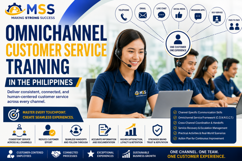 Omnichannel Customer Service Training in the Philippines featuring customer service professionals delivering connected support through telephone, email, live chat, social media, messaging apps, self-service, and face-to-face channels