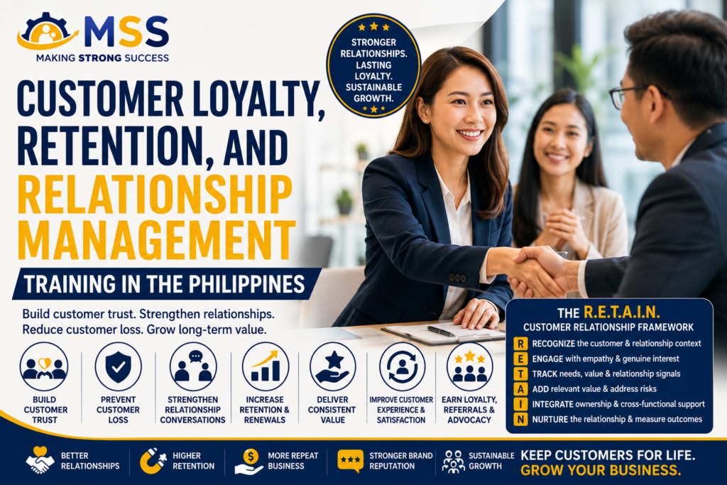 Customer Loyalty, Retention, and Relationship Management Training in the Philippines featuring professionals building customer trust, strengthening relationships, improving retention, and creating long-term value
