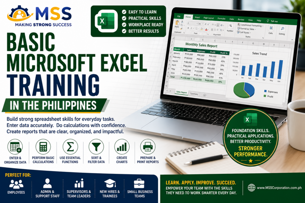Basic Microsoft Excel Training in the Philippines featuring spreadsheet skills, data entry, basic formulas, essential functions, charts, reports, and workplace productivity
