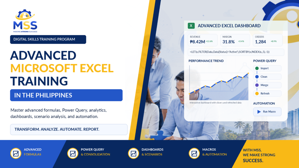 Advanced Excel training covering formulas, dynamic arrays, Power Query, PivotTables, dashboards, What-If Analysis, recorded macros, auditing, and automation.