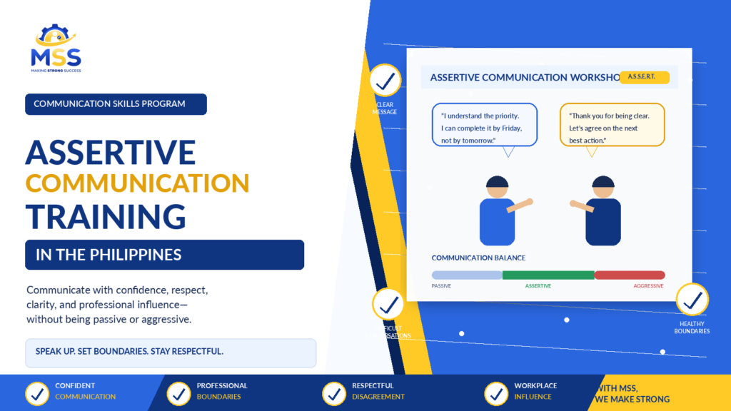 Assertive Communication Training in the Philippines featuring confident communication, professional boundary-setting, respectful disagreement, difficult conversations, active listening, feedback, and workplace influence