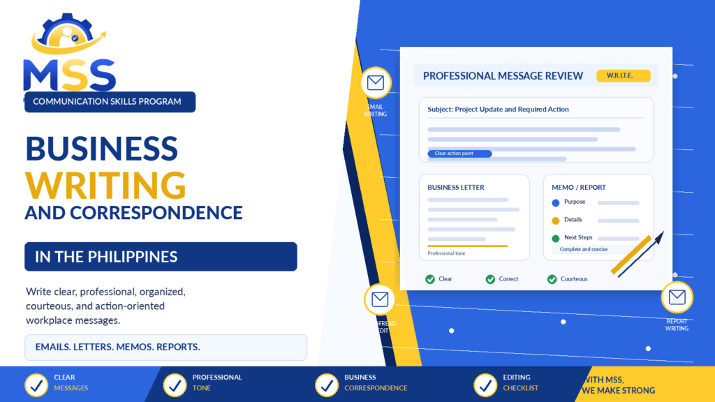 Business English and Grammar Training in the Philippines featuring grammar accuracy, sentence construction, professional vocabulary, workplace English, tone management, proofreading, and speaking confidence