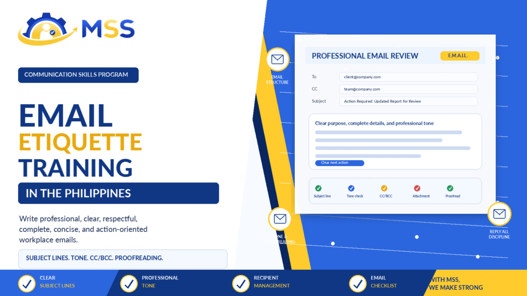 Email Etiquette Training in the Philippines featuring professional email writing, clear subject lines, tone management, CC and BCC etiquette, Reply All discipline, attachments, follow-ups, and proofreading