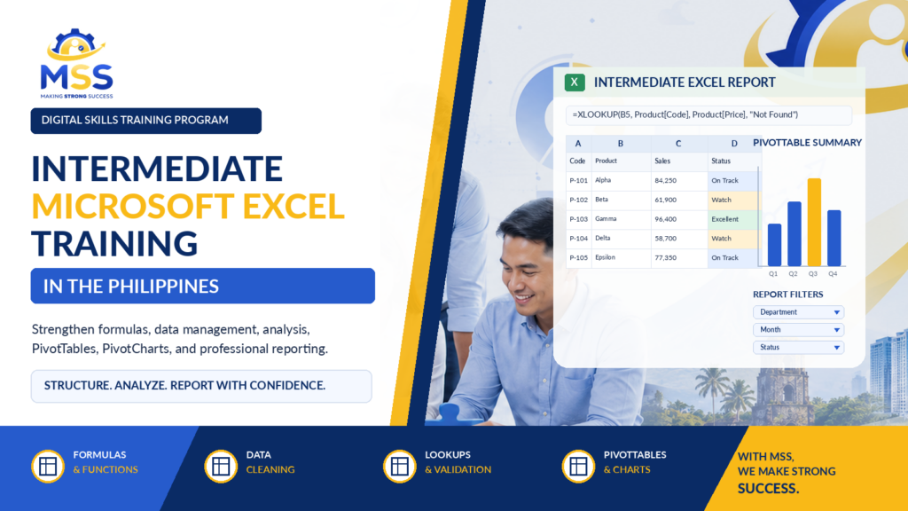 Intermediate Microsoft Excel Training in the Philippines featuring formulas, XLOOKUP, data cleaning, PivotTables, PivotCharts, conditional formatting, and professional reporting