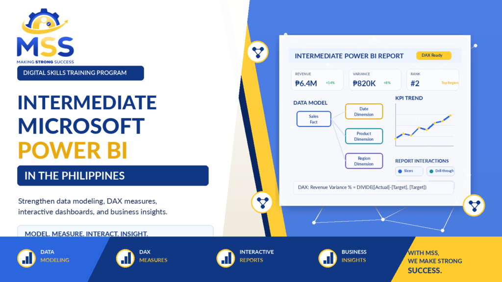Intermediate Microsoft Power BI Training in the Philippines featuring data modeling, DAX measures, interactive dashboards, slicers, drill-through, bookmarks, report design, and business intelligence insights