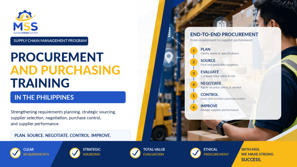 Procurement and Purchasing Training in the Philippines featuring strategic sourcing, supplier evaluation, procurement negotiation, purchase-order control, ethical purchasing, and supplier performance management