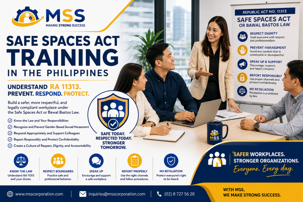 Safe Spaces Act Training in the Philippines featuring Filipino employees learning about RA 11313, workplace harassment prevention, responsible reporting, confidentiality, and non-retaliation