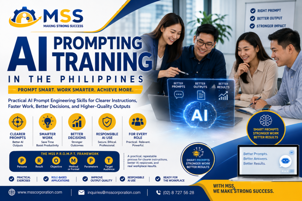 AI Prompting Training in the Philippines featuring Filipino employees learning the MSS P.R.O.M.P.T. Framework for better AI-generated workplace outputs