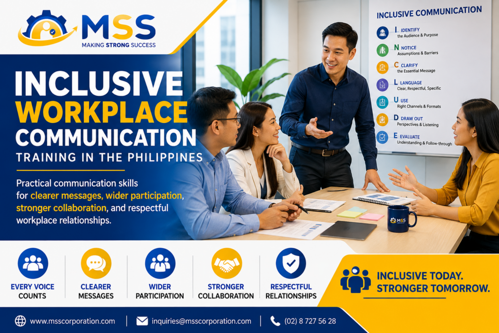 Inclusive Workplace Communication Training in the Philippines featuring Filipino employees practicing clearer messages, wider participation, and respectful workplace collaboration