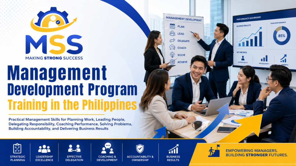 Management Development Program Training in the Philippines by MSS Corporation, featuring Filipino managers developing leadership, delegation, coaching, accountability, problem-solving, and business performance skills
