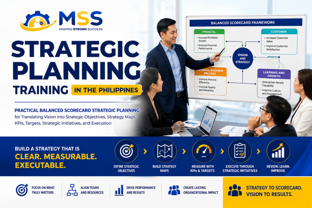 Strategic Planning Training in the Philippines by MSS Corporation, featuring Filipino leaders using the Balanced Scorecard to develop strategy maps, KPIs, targets, and strategic initiatives