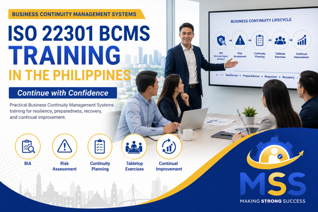 ISO 22301 BCMS Training in the Philippines by MSS Corporation, featuring Filipino professionals learning business impact analysis, continuity risk assessment, continuity planning, tabletop exercises, and continual improvement