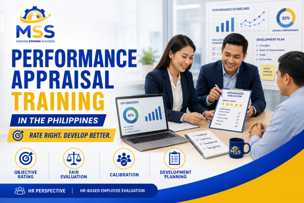 Performance Appraisal Training in the Philippines by MSS Corporation, featuring Filipino HR professionals and managers conducting objective employee evaluation, rating calibration, feedback, and development planning