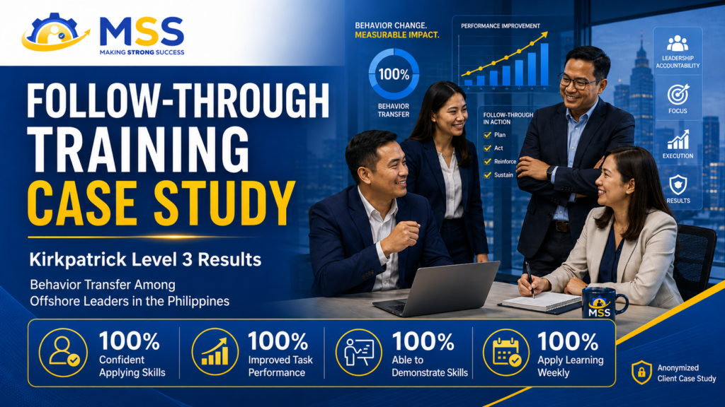 MSS Corporation Follow-Through Training case study showing Kirkpatrick Level 3 behavior-transfer results among offshore leaders in the Philippines