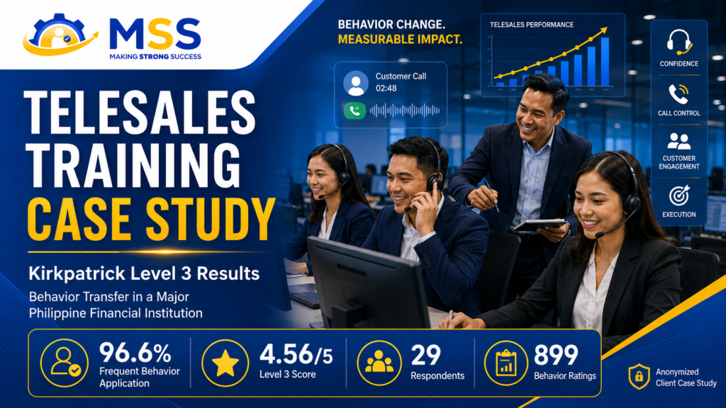 MSS Corporation Telesales Training case study showing Kirkpatrick Level 3 behavior-transfer results among employees of a major Philippine financial institution