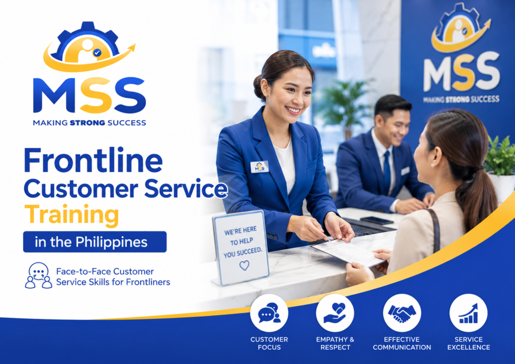 Frontline Customer Service Training in the Philippines by MSS Corporation, featuring Filipino customer-facing employees demonstrating professional face-to-face service, empathy, communication, and service excellence
