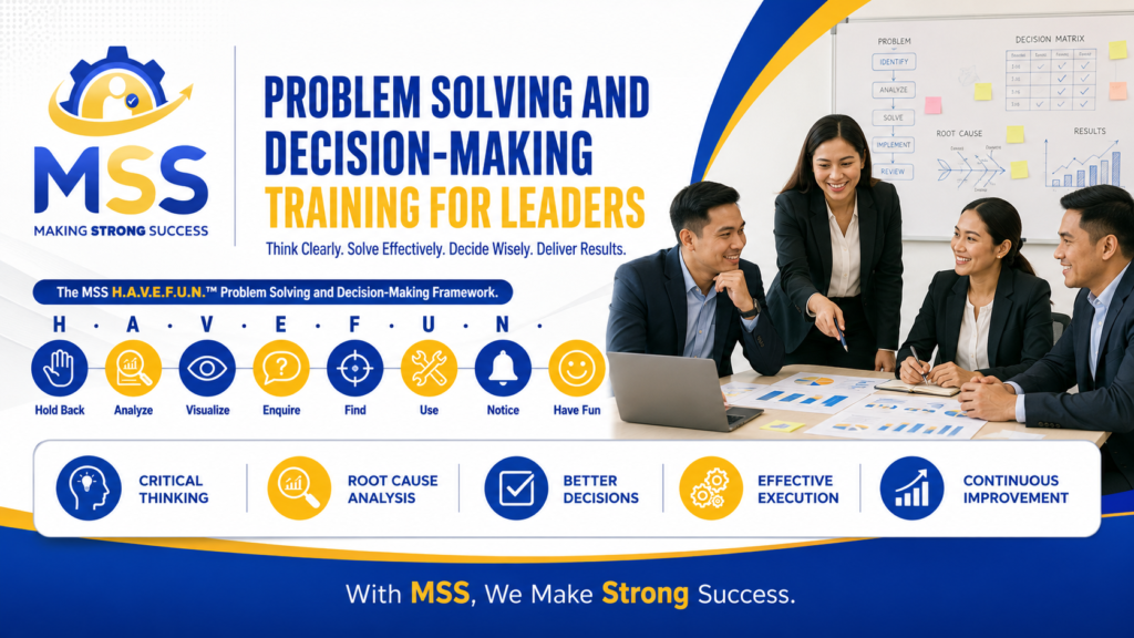 Problem Solving and Decision-Making Training for Leaders in the Philippines by MSS Corporation, featuring Filipino leaders applying critical thinking, root cause analysis, better decision-making, execution, and continuous improvement using the H.A.V.E.F.U.N. framework