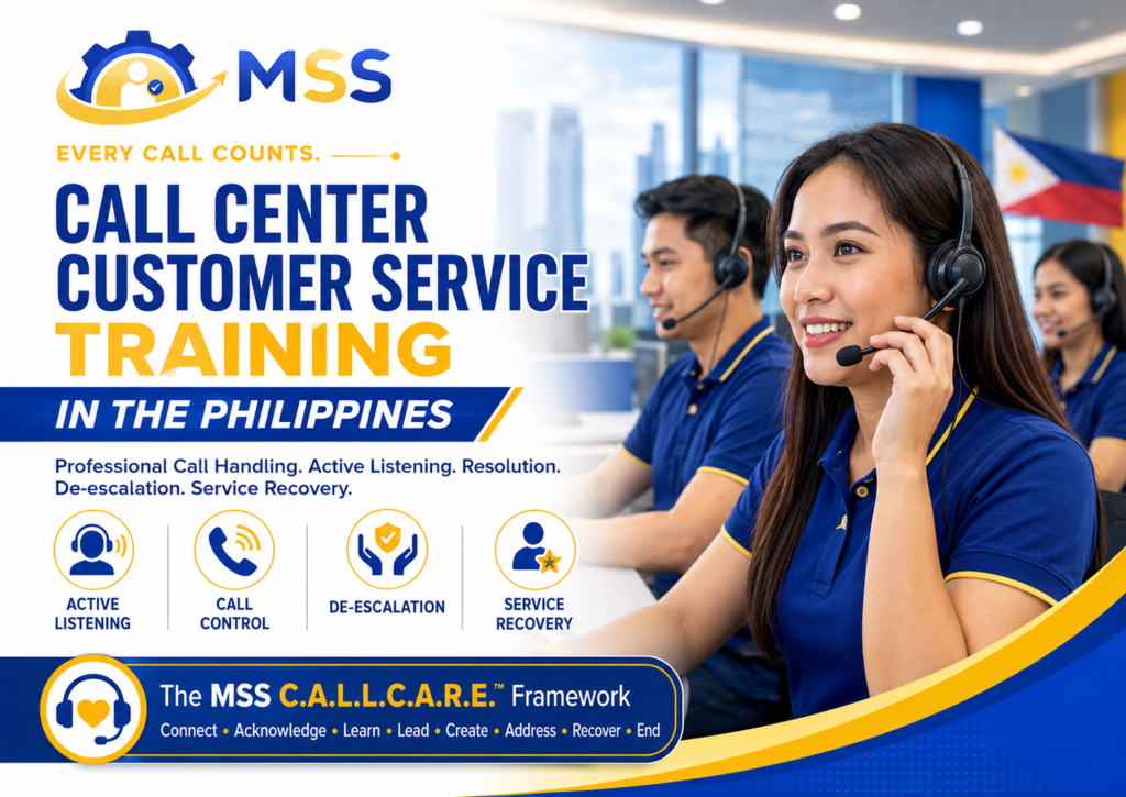 Call Center Customer Service Training in the Philippines by MSS Corporation, featuring Filipino call center representatives practicing active listening, call control, de-escalation, service recovery, and professional customer service