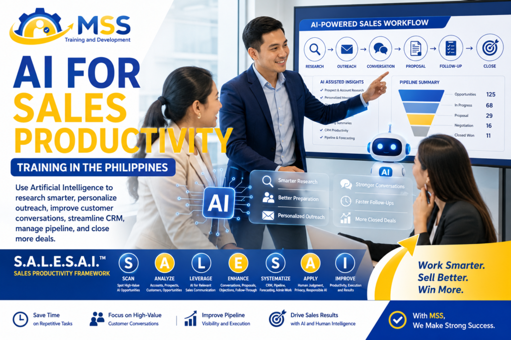 AI for Sales Productivity Training in the Philippines by MSS Corporation, featuring Filipino sales professionals using artificial intelligence for prospect research, personalized outreach, customer conversations, CRM, pipeline management, and sales execution