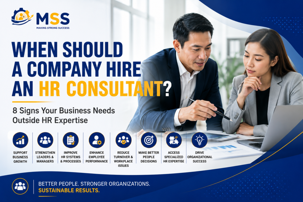 Business leaders consulting on HR strategy, employee performance, HR systems, leadership, and organizational growth with an HR consultant.