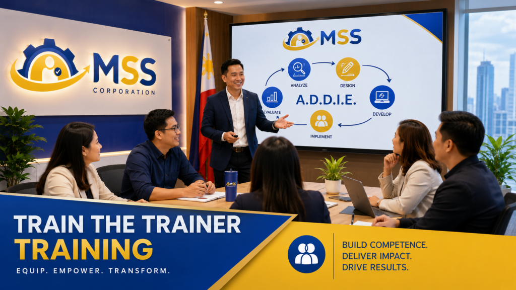 Train the Trainer Training in the Philippines featuring a Filipino facilitator teaching the A.D.D.I.E. instructional design framework with MSS Corporation branding
