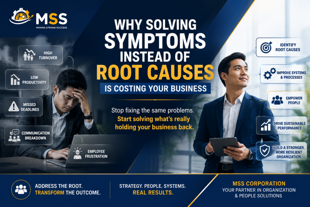Business leaders identifying the root causes of organizational problems through strategic analysis, process improvement, organizational development, and HR consulting by MSS Corporation to achieve sustainable business performance