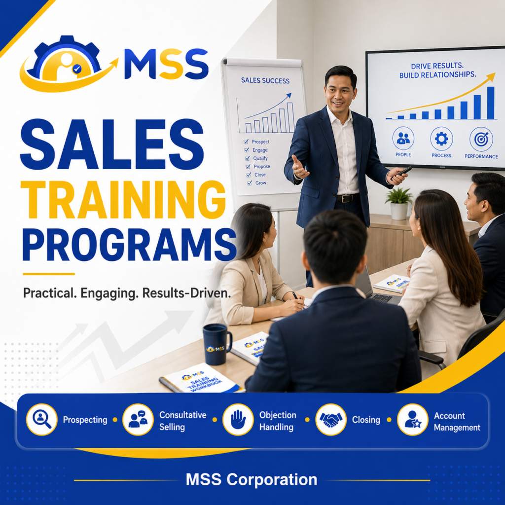 Sales Training Programs in the Philippines by MSS Corporation, featuring Filipino sales professionals developing prospecting, consultative selling, objection handling, closing, and account management skills