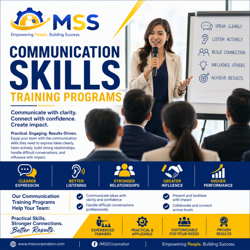 Communication Skills Training Programs in the Philippines by MSS Corporation, featuring Filipino professionals developing speaking, active listening, relationship-building, presentation, and workplace communication skills