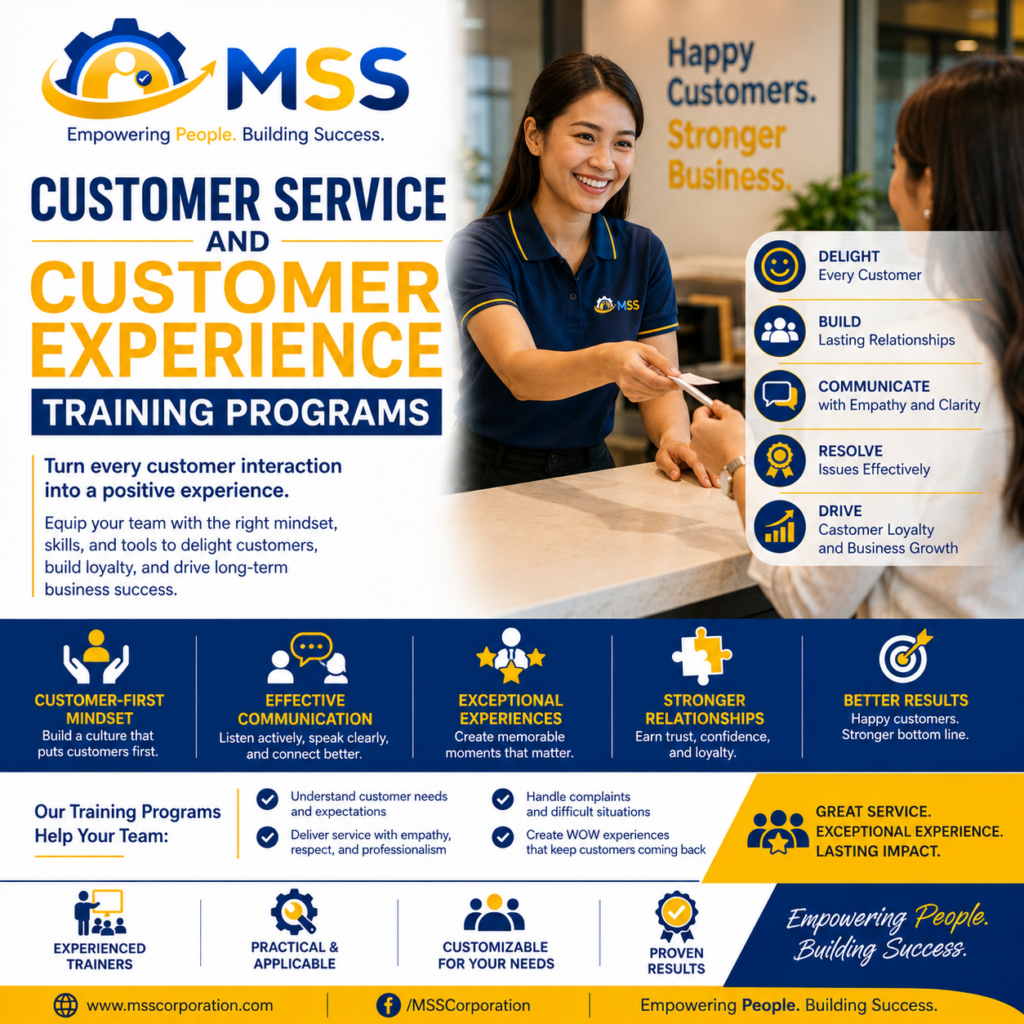 Customer Service and Customer Experience Training Programs in the Philippines by MSS Corporation, featuring a Filipina service professional demonstrating empathy, clear communication, complaint handling, and customer care