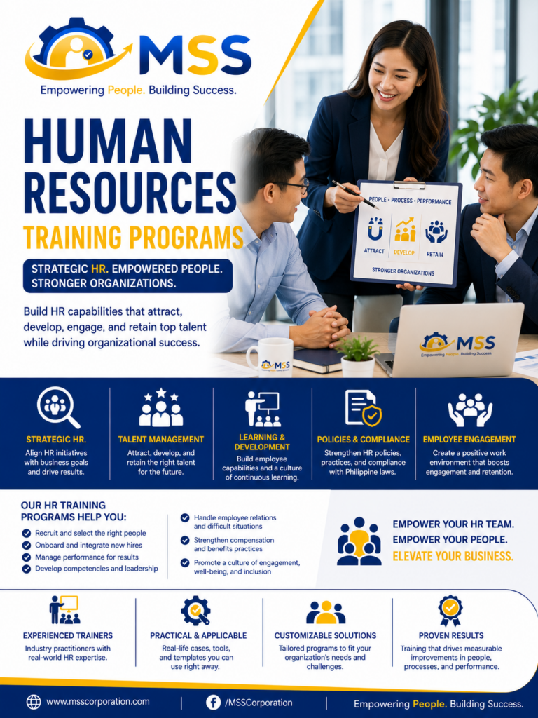 Human Resources Training Programs in the Philippines by MSS Corporation, featuring Filipino HR professionals strengthening talent management, employee engagement, learning and development, performance management, and HR compliance