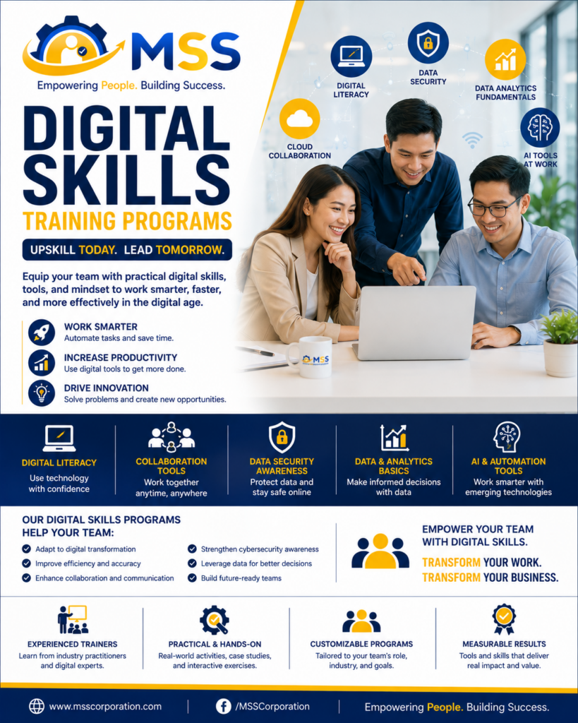 Digital Skills Training Programs in the Philippines by MSS Corporation, featuring Filipino professionals learning AI tools, cybersecurity, data analytics, digital literacy, and online collaboration