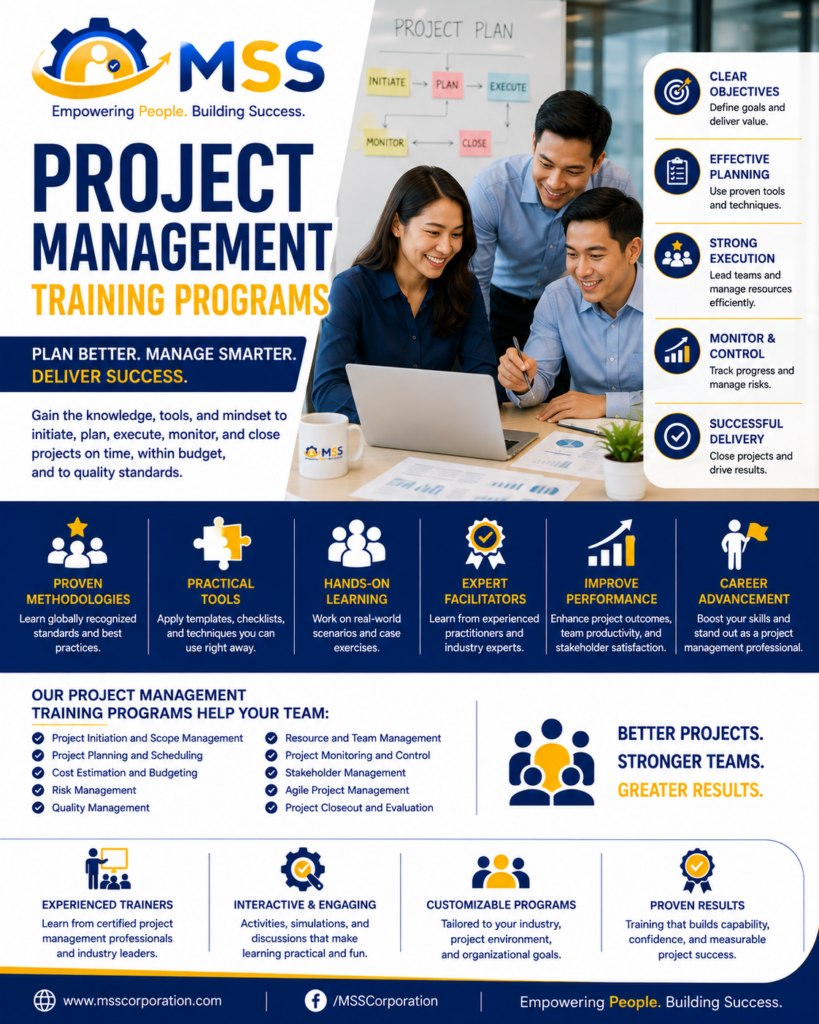 Project Management Training Programs in the Philippines by MSS Corporation, featuring Filipino professionals developing project planning, scheduling, budgeting, risk management, team coordination, monitoring, and delivery skills