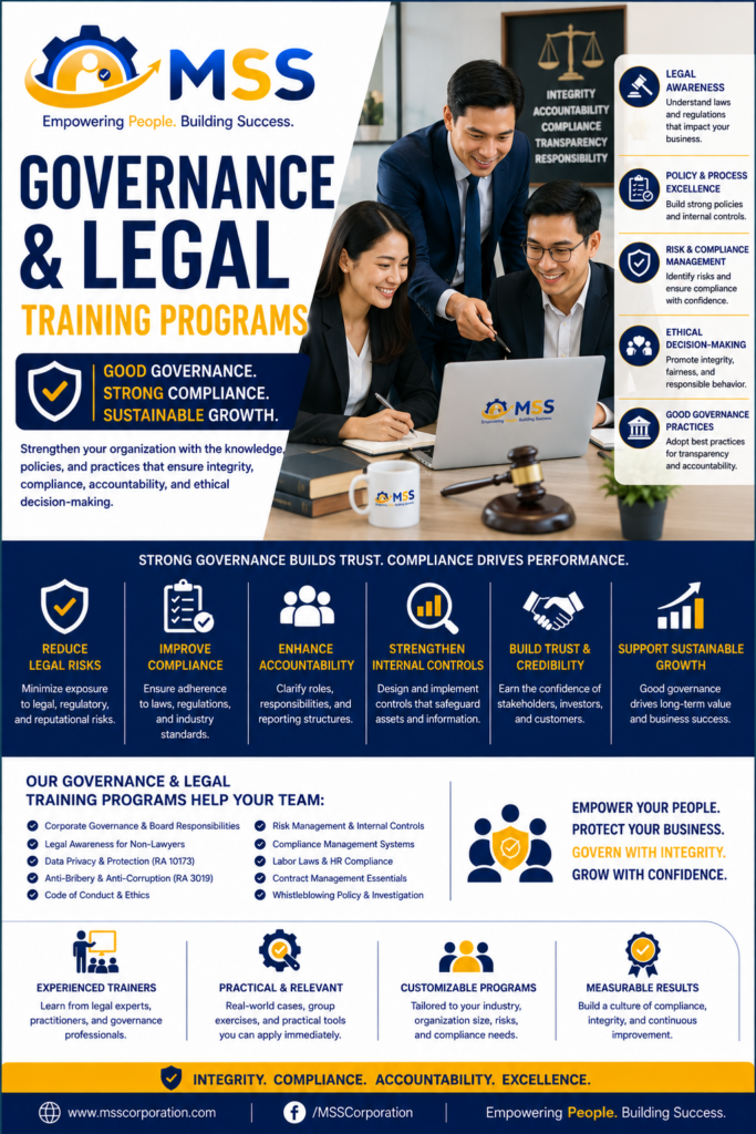 Governance and Legal Training Programs in the Philippines by MSS Corporation, featuring Filipino professionals strengthening corporate governance, legal awareness, compliance, ethics, internal controls, and risk management