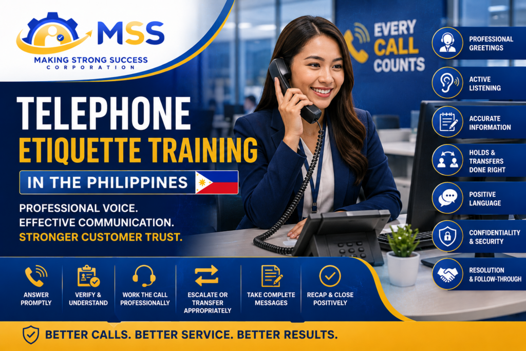 Telephone Etiquette Training in the Philippines featuring a Filipina professional practicing proper call handling, active listening, accurate messaging, and customer service