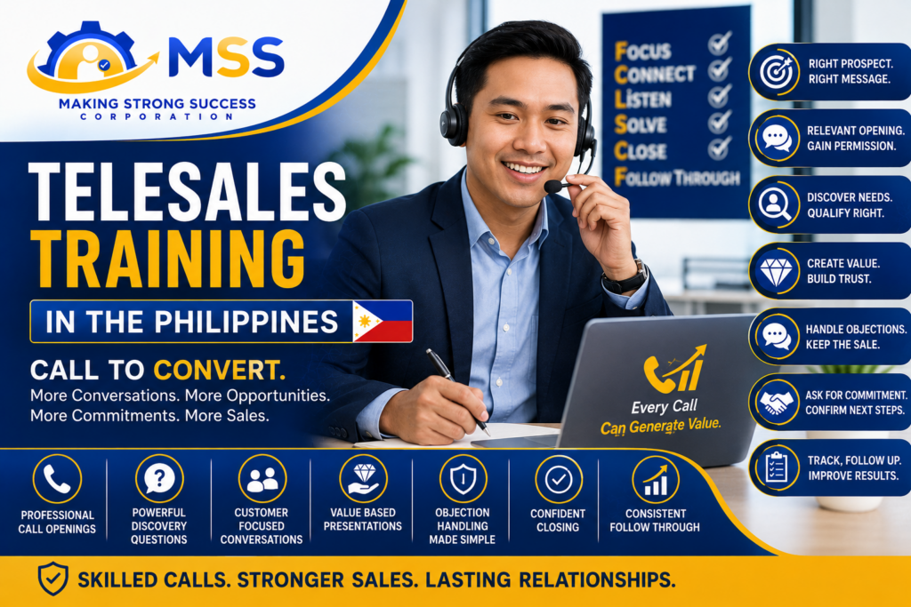 Telesales Training in the Philippines featuring a Filipino sales professional practicing prospecting, customer discovery, value selling, objection handling, closing, and follow-through