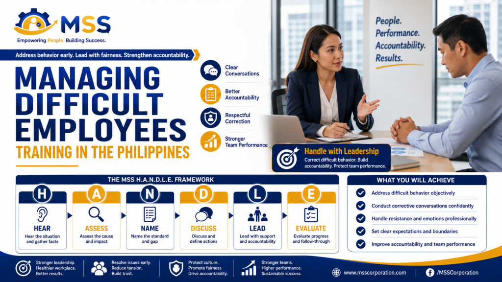 Managing Difficult Employees Training in the Philippines by MSS Corporation, featuring a Filipina manager conducting a respectful corrective conversation to strengthen accountability and team performance