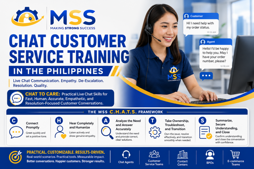 Chat Customer Service Training in the Philippines by MSS Corporation, featuring a Filipina chat support professional delivering fast, human, accurate, empathetic, and resolution-focused customer service