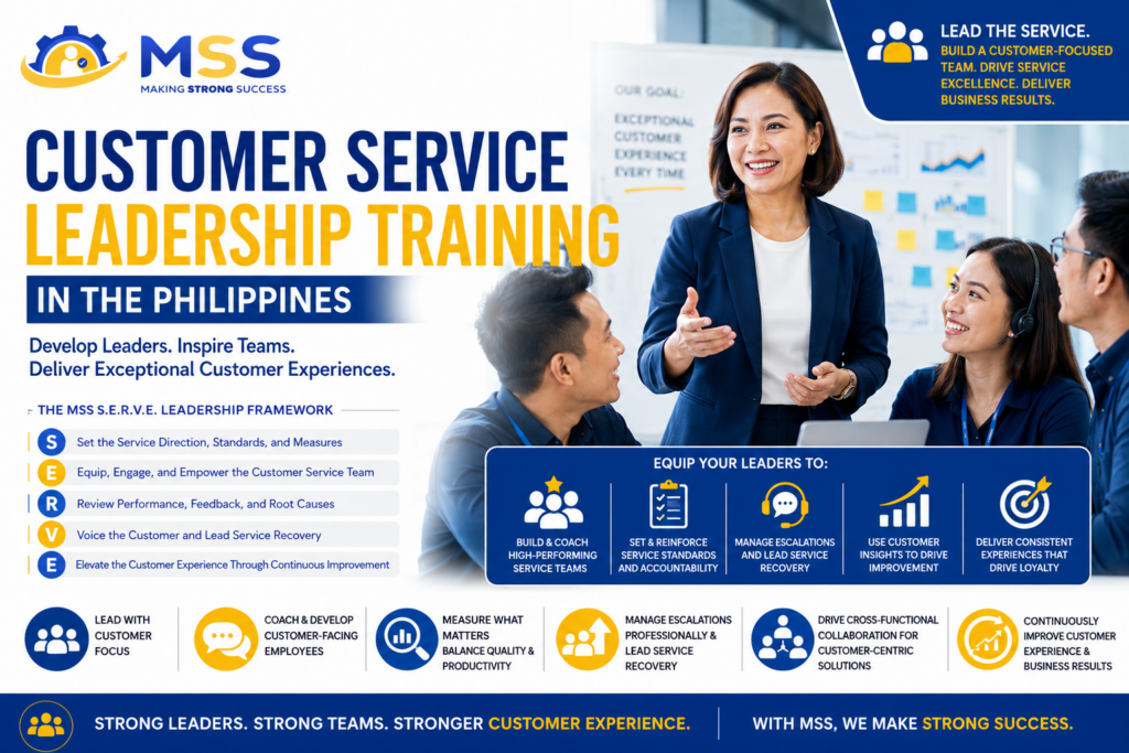 Customer Service Leadership Training in the Philippines by MSS Corporation, featuring Filipino leaders coaching customer service teams, managing performance, escalations, and customer experience improvement
