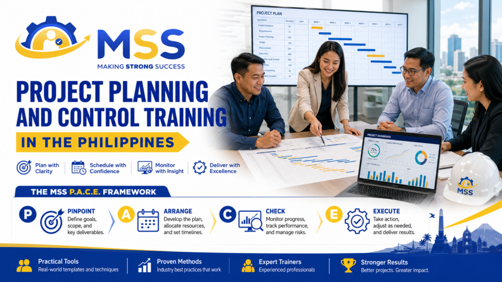 Project Planning and Control Training in the Philippines by MSS Corporation, featuring Filipino professionals learning project planning, scheduling, monitoring, risk management, and project control